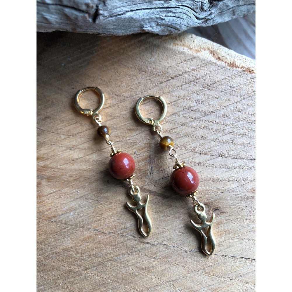 Handmade Golden Goddess Earrings with Red Jasper and Tiger's Eye Beads Fertility